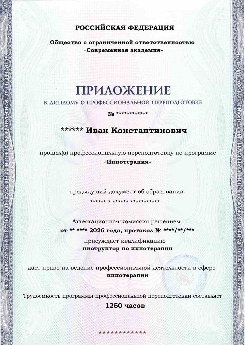 Образец приложения лицевая сторона (итоговое тестирование) по программе Иппотерапия