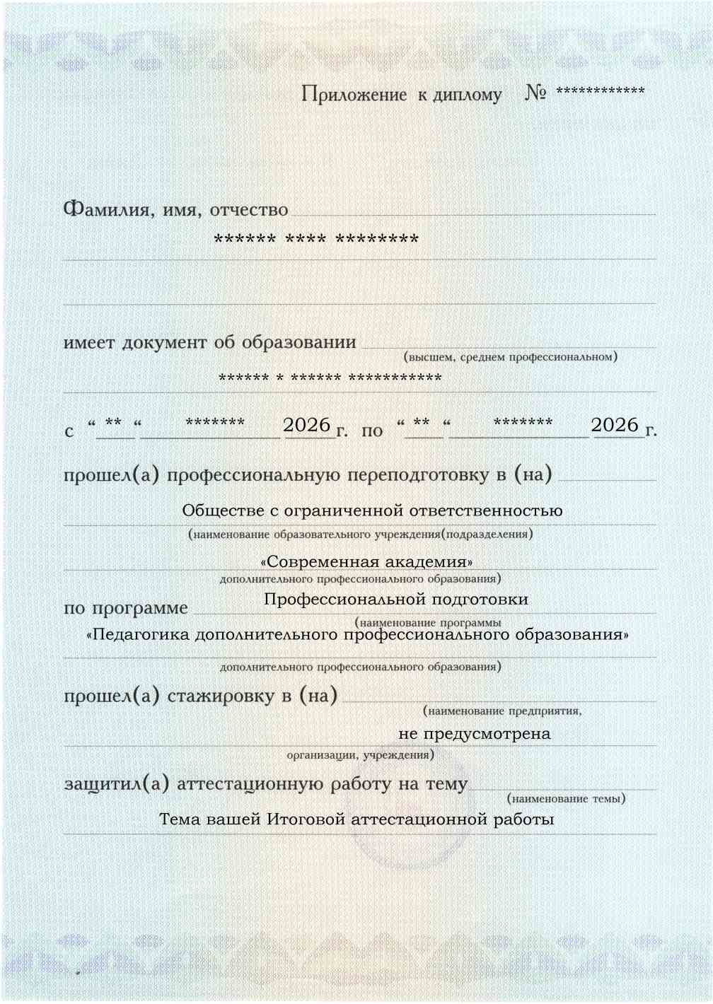 Приложение к диплому, лицевая сторона, выпускная работа, Педагогика дополнительного профессионального образования