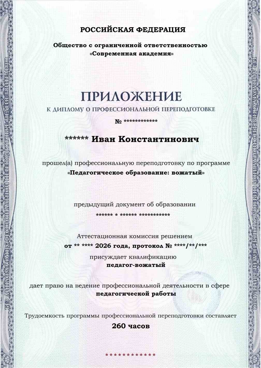Образец приложения лицевая сторона (итоговое тестирование) по программе Педагогическое образование: вожатый