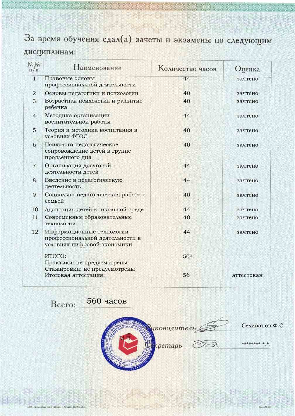 Образец приложения оборотная сторона (аттестационная работа) по программе Воспитатель группы продленного дня в рамках реализации ФГОС