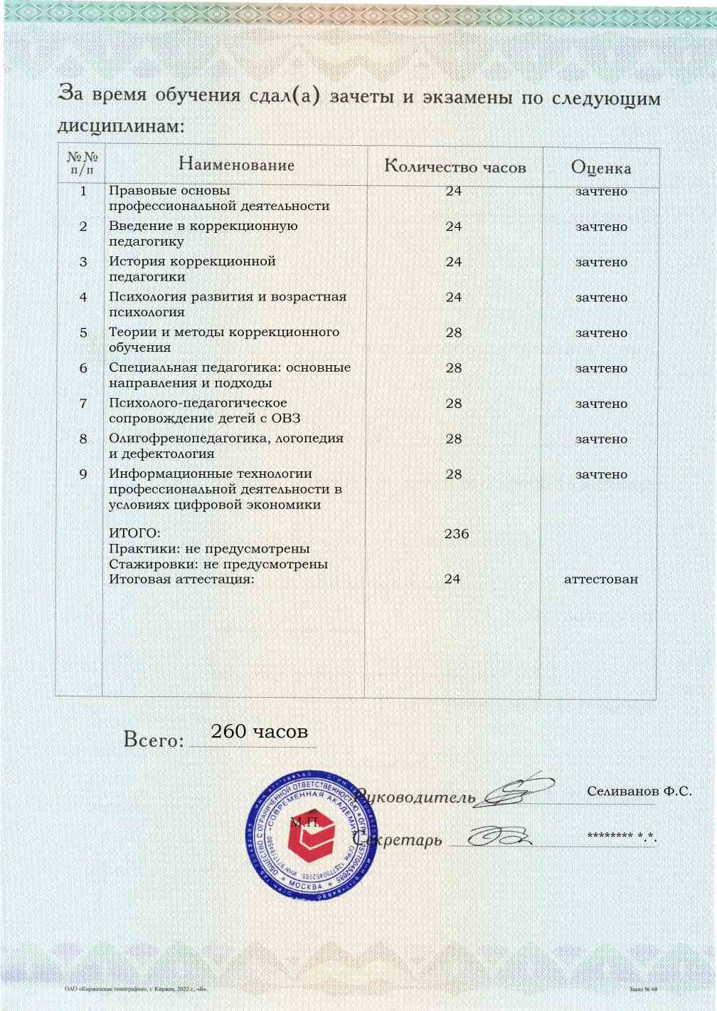 Приложение к диплому, оборотная сторона, выпускная работа, Коррекционная педагогика