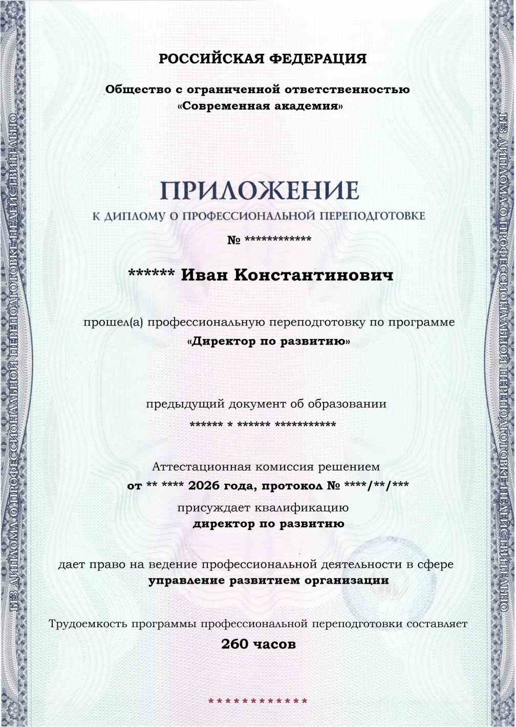 Образец приложения лицевая сторона (итоговое тестирование) по программе Директор по развитию