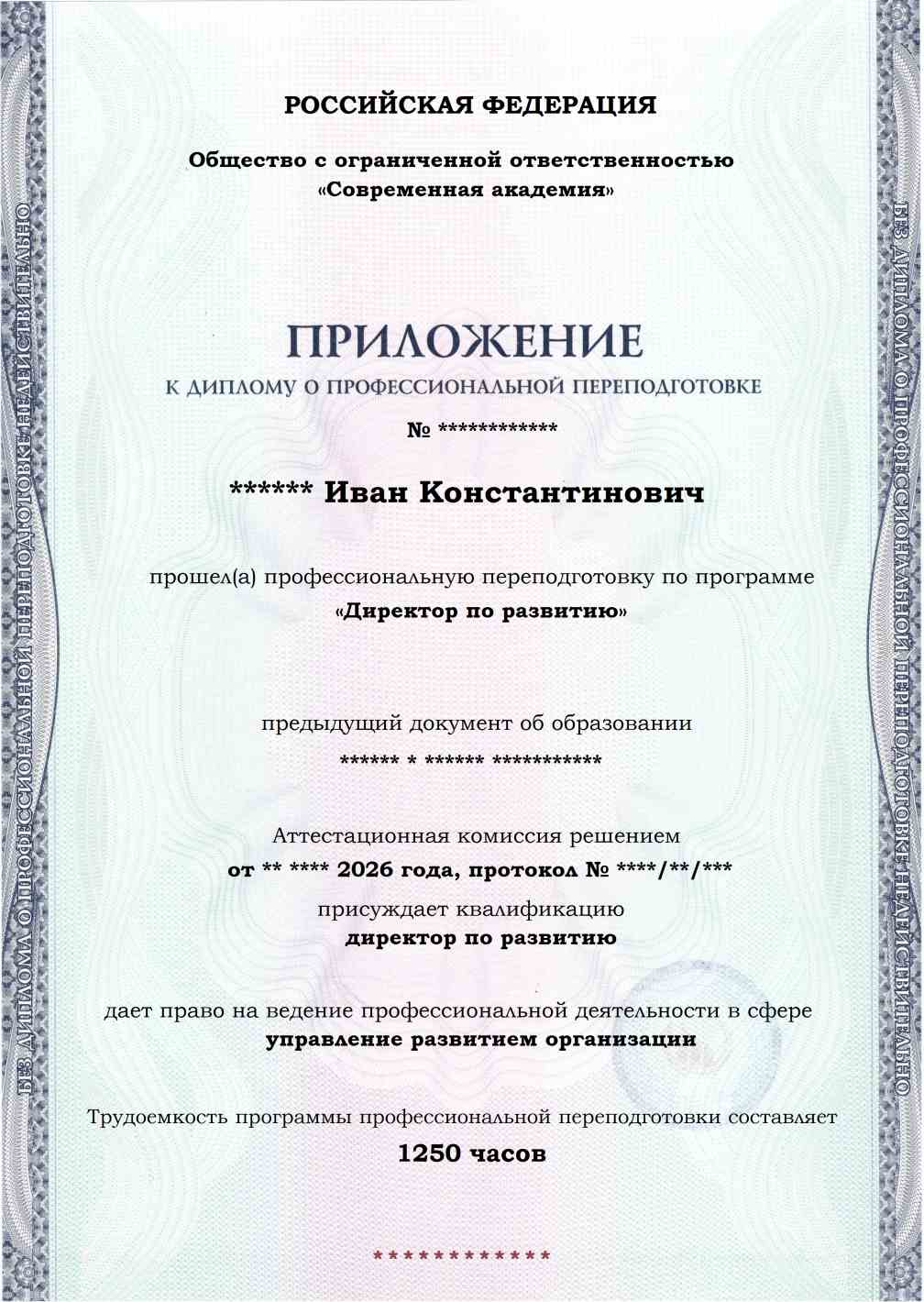 Образец приложения лицевая сторона (итоговое тестирование) по программе Директор по развитию