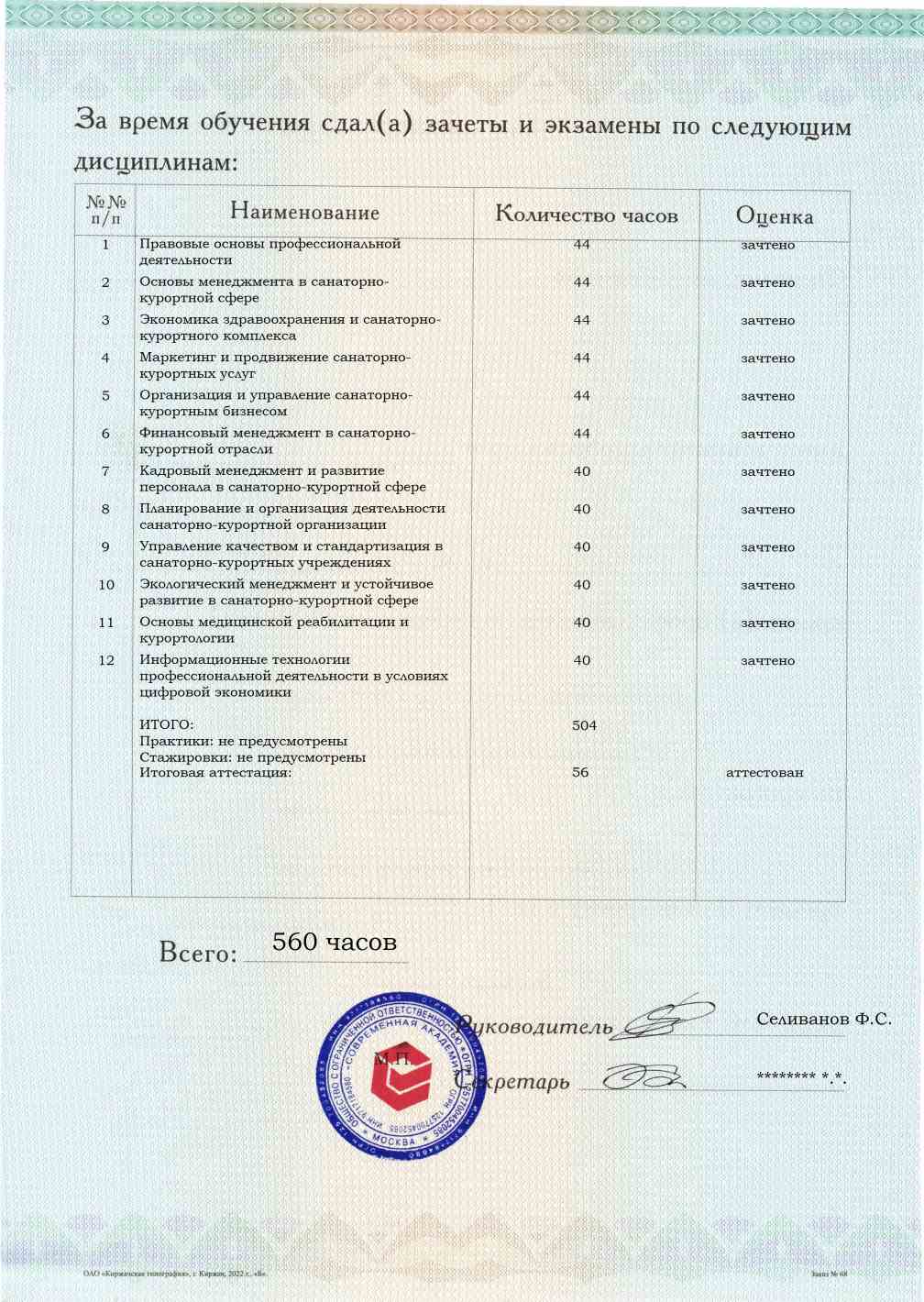 Образец приложения оборотная сторона (аттестационная работа) по программе Менеджмент санаторно-курортного дела