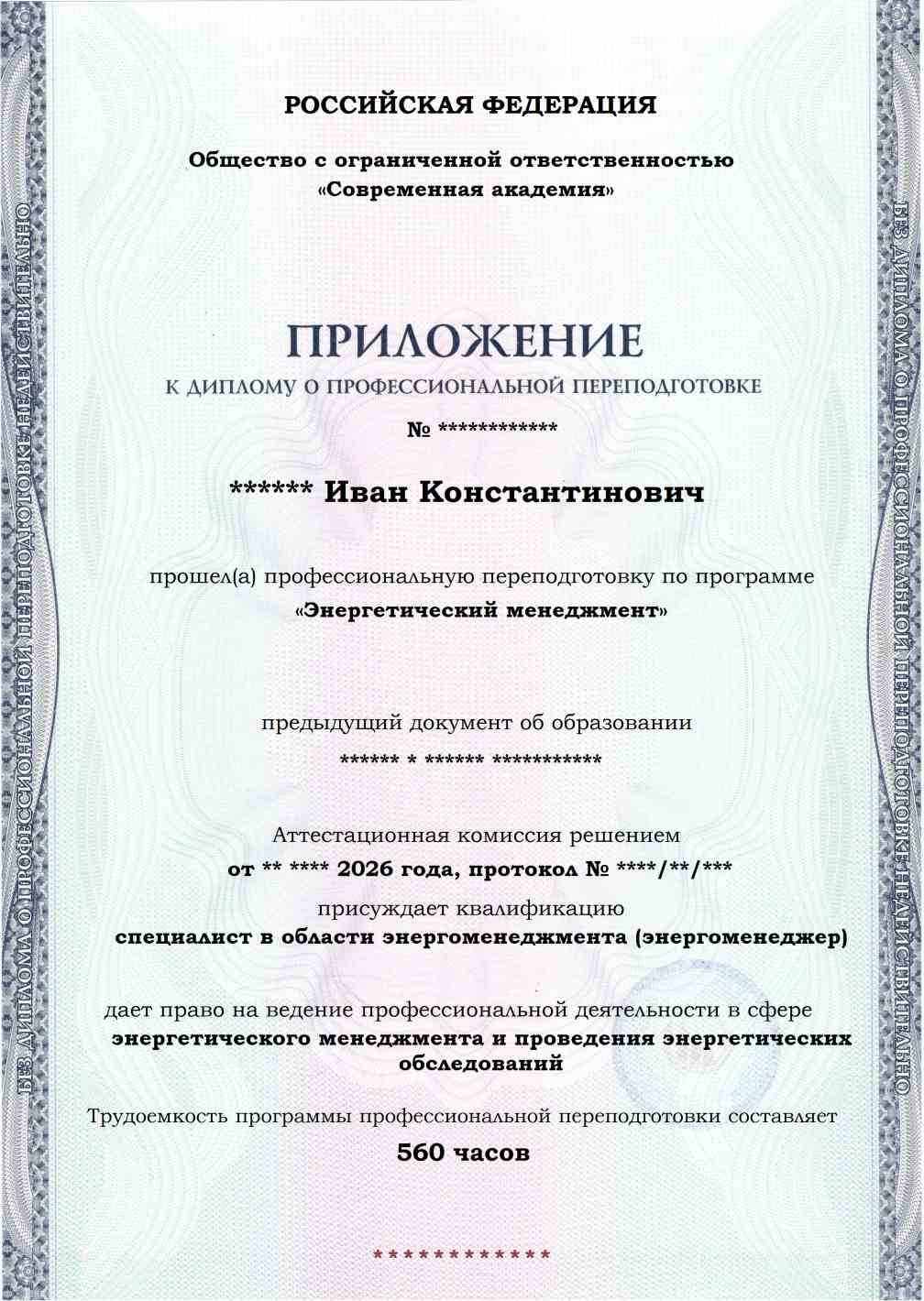 Образец приложения лицевая сторона (итоговое тестирование) по программе Энергетический менеджмент