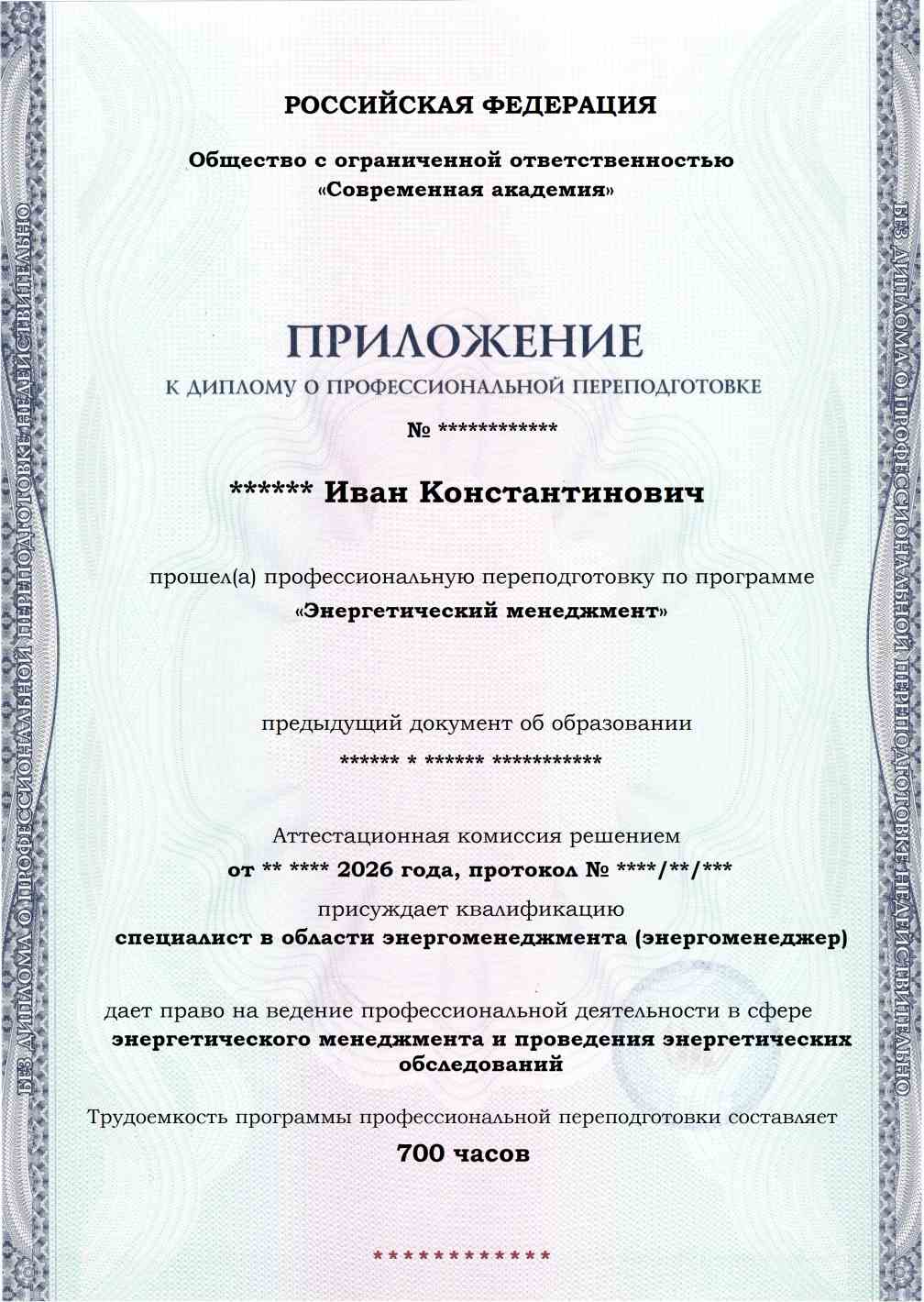 Образец приложения лицевая сторона (итоговое тестирование) по программе Энергетический менеджмент