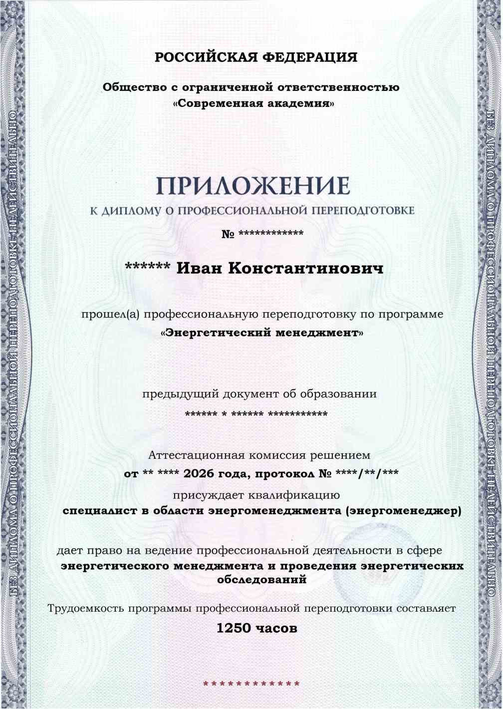 Образец приложения лицевая сторона (итоговое тестирование) по программе Энергетический менеджмент