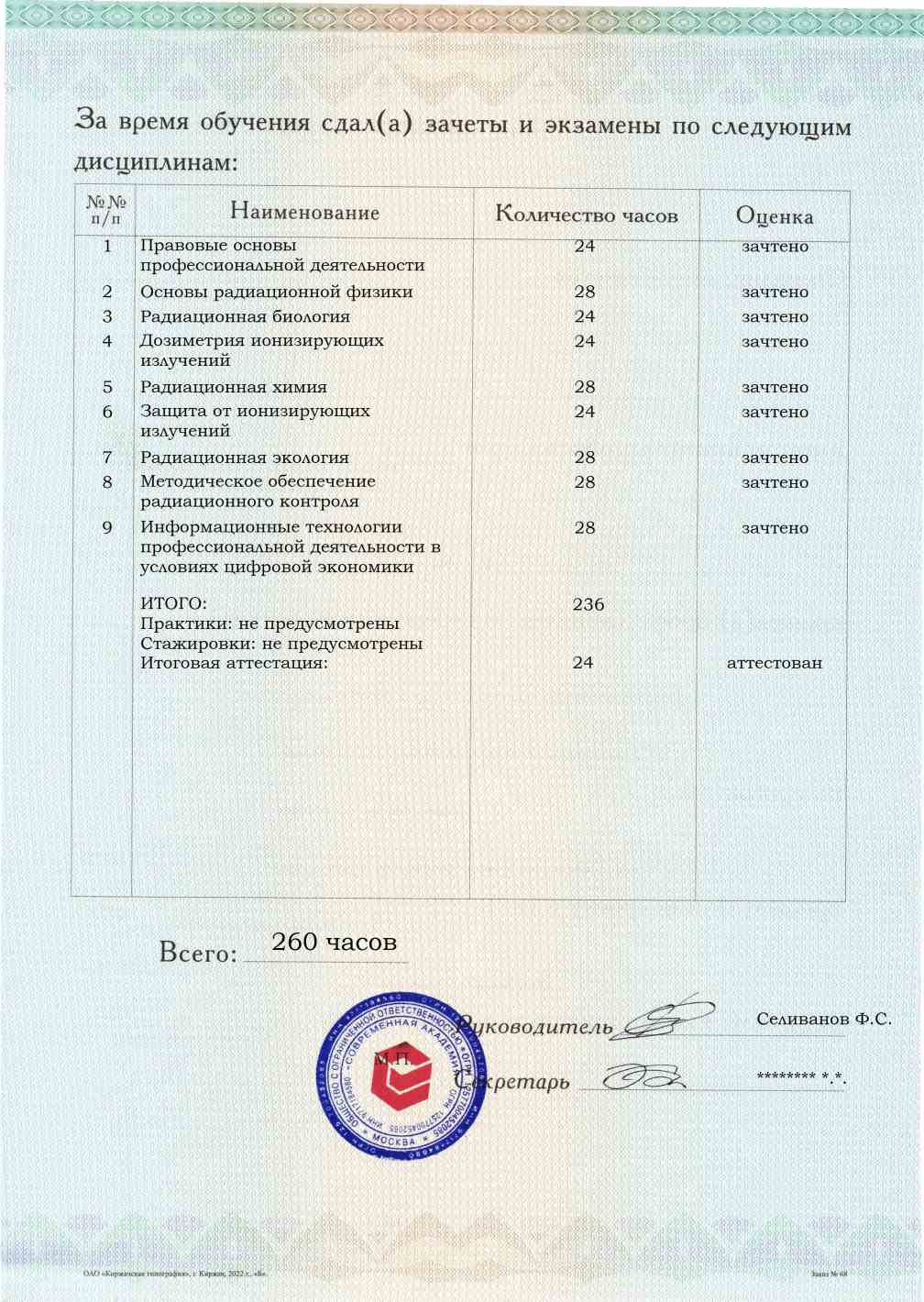Приложение к диплому, оборотная сторона, выпускная работа, Радиационная безопасность