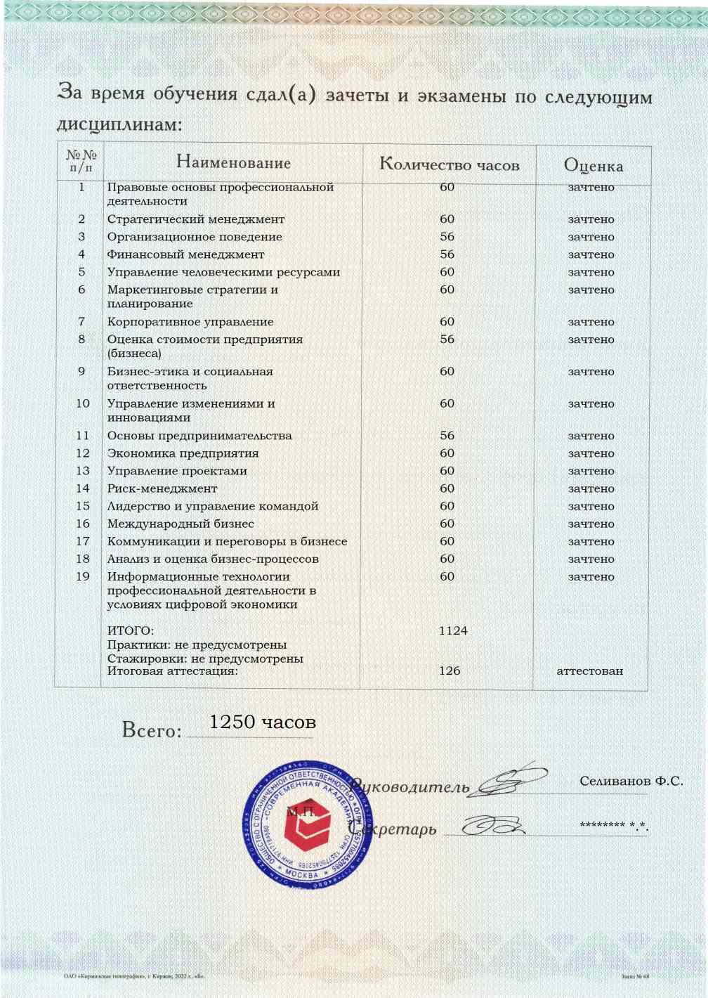 Образец приложения оборотная сторона (аттестационная работа) по программе Генеральный директор
