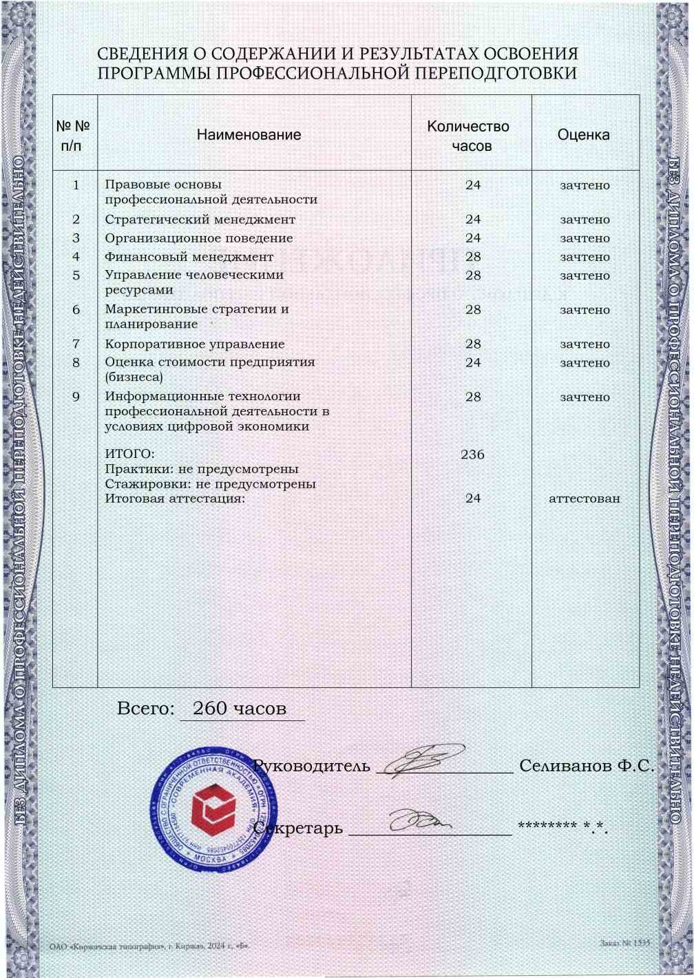Образец приложения оборотная сторона (итоговое тестирование) по программе Генеральный директор