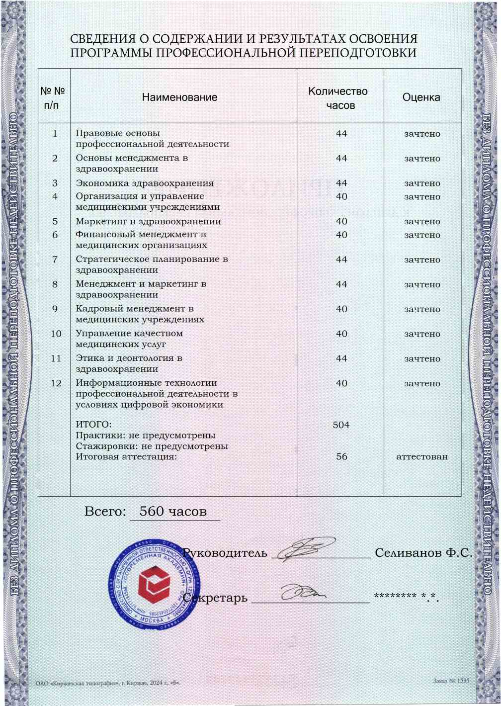 Образец приложения оборотная сторона (итоговое тестирование) по программе Менеджмент в здравоохранении