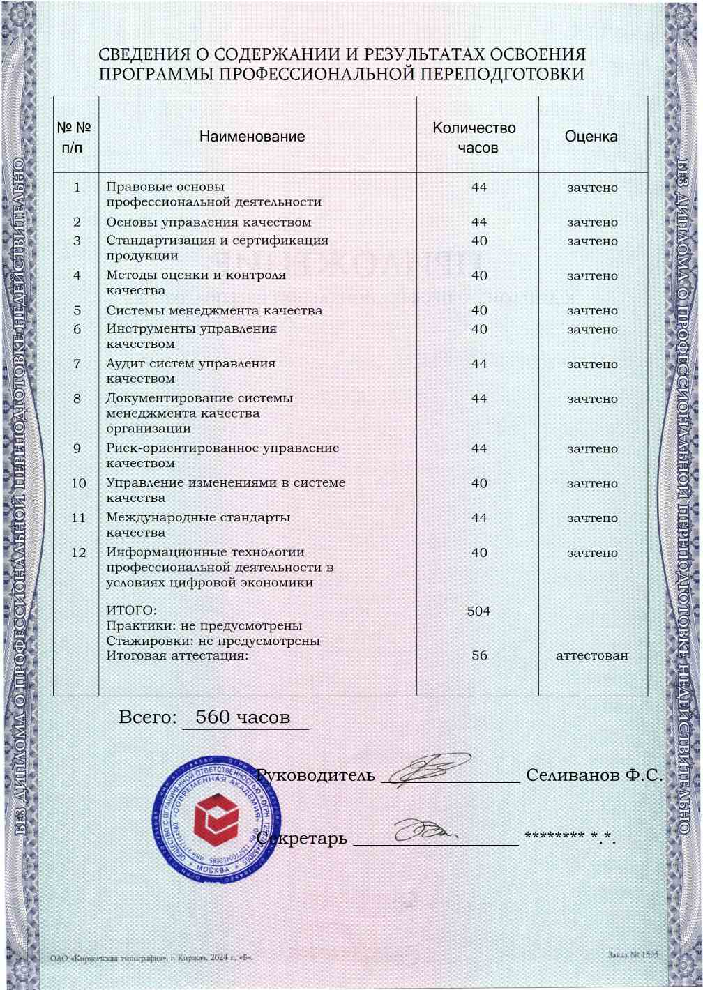 Образец приложения оборотная сторона (итоговое тестирование) по программе Управление качеством