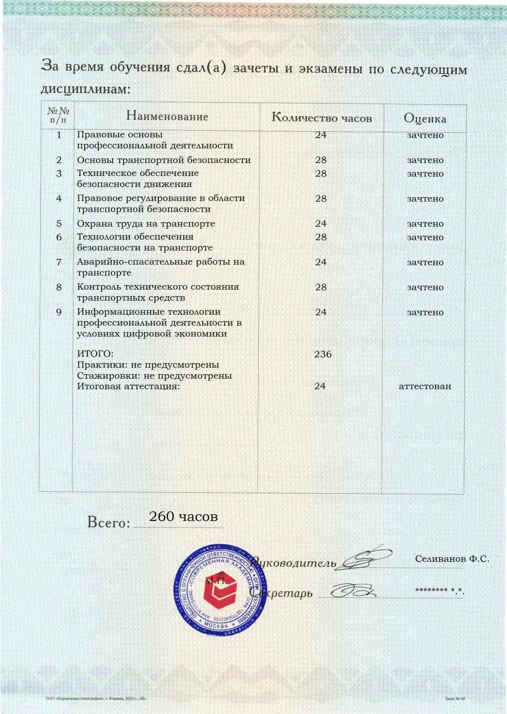 Приложение к диплому, оборотная сторона, выпускная работа, Транспортная безопасность