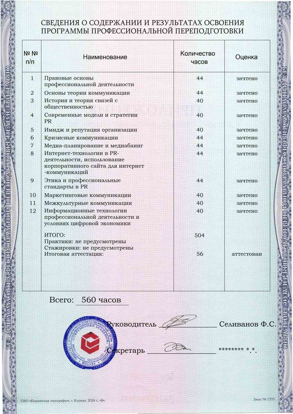 Образец приложения оборотная сторона (итоговое тестирование) по программе Директор по связям с общественностью