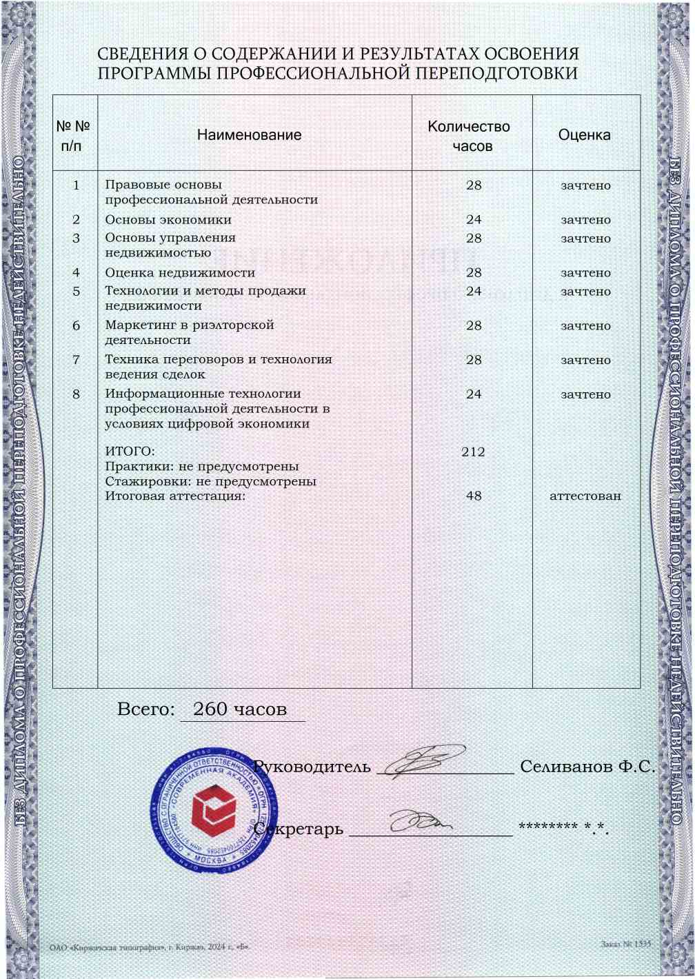 Образец приложения оборотная сторона (итоговое тестирование) по программе Риэлторская деятельность