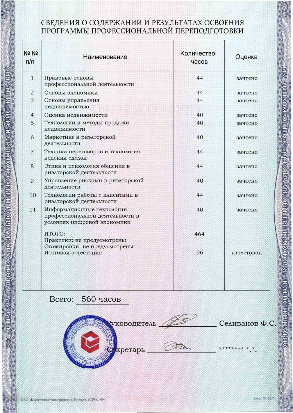 Образец приложения оборотная сторона (итоговое тестирование) по программе Риэлторская деятельность
