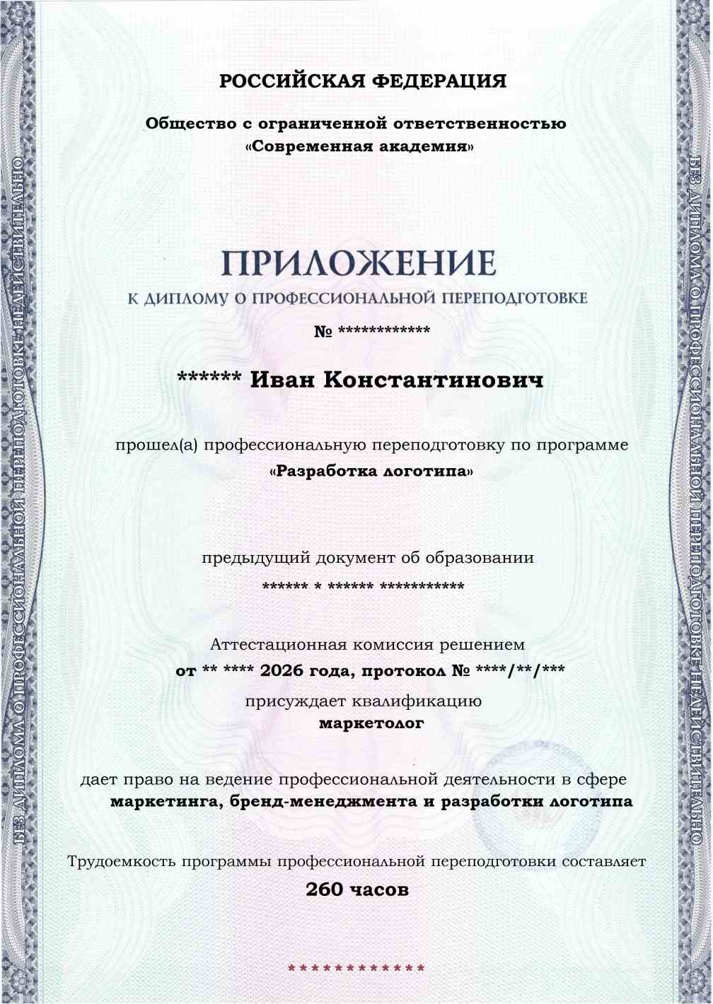 Образец приложения лицевая сторона (итоговое тестирование) по программе Разработка логотипа