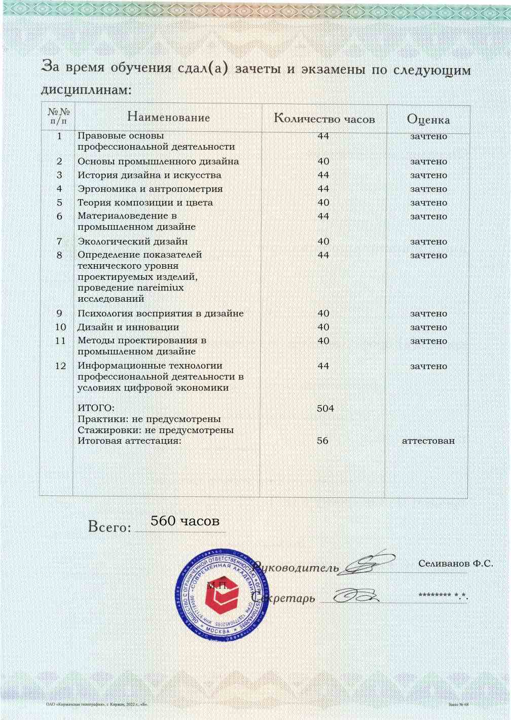 Образец приложения оборотная сторона (аттестационная работа) по программе Промышленный дизайн