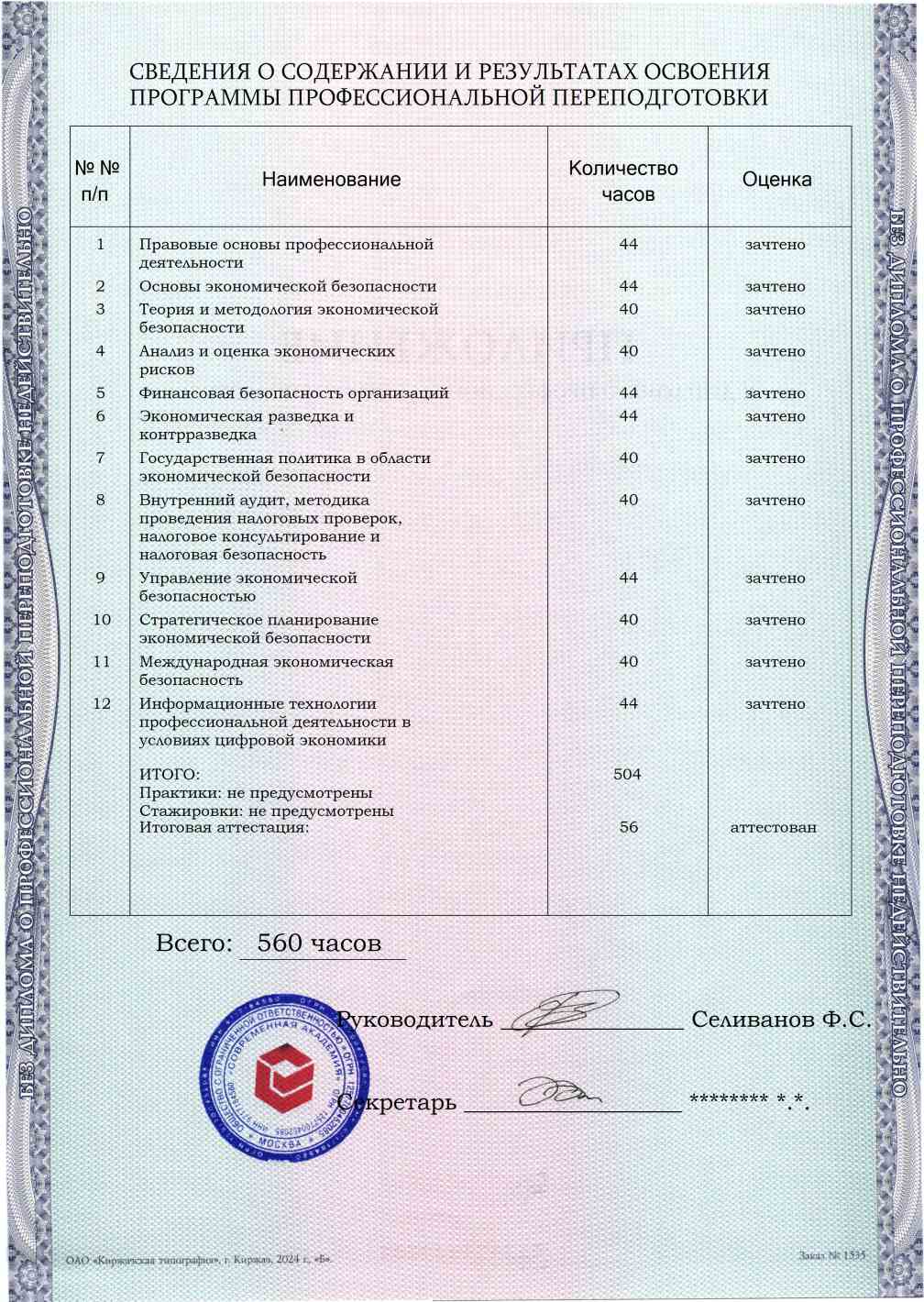 Образец приложения оборотная сторона (итоговое тестирование) по программе Экономическая безопасность