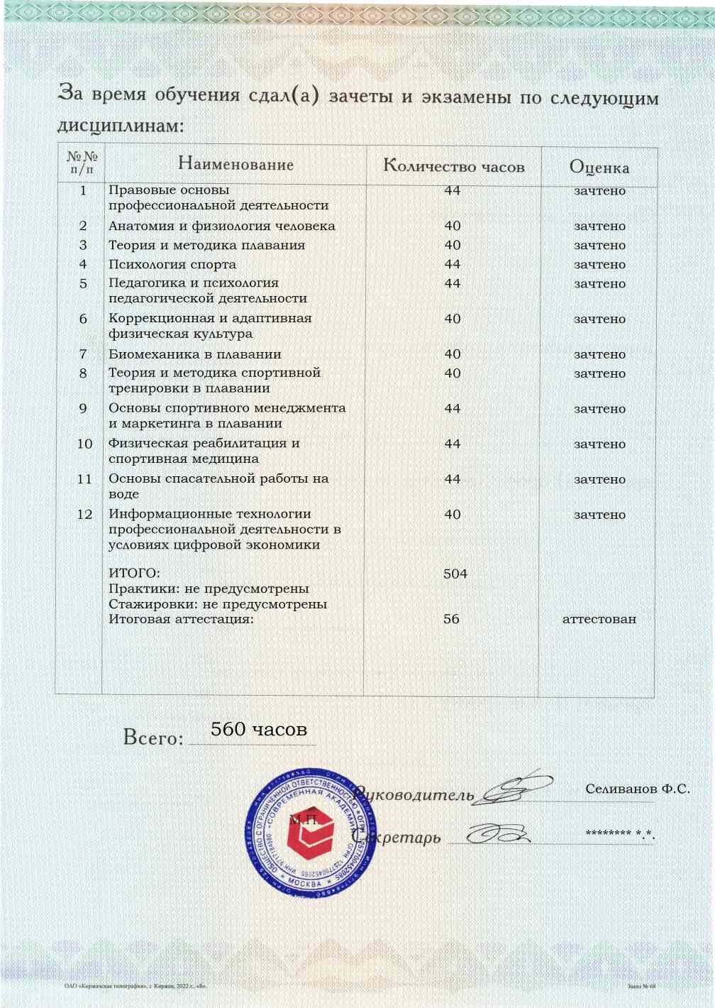 Образец приложения оборотная сторона (аттестационная работа) по программе Тренер по плаванию