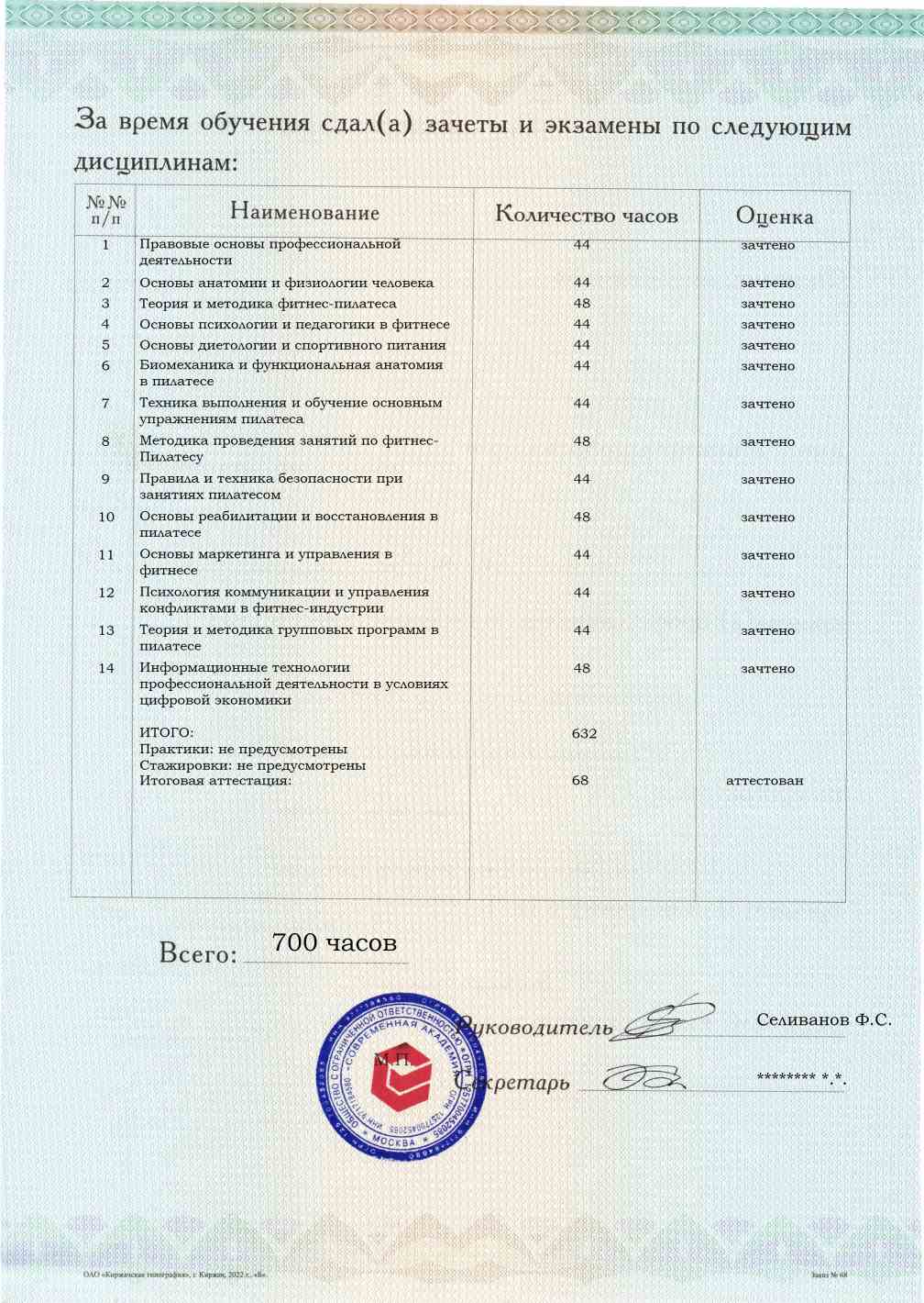 Образец приложения оборотная сторона (аттестационная работа) по программе Фитнес-Пилатес