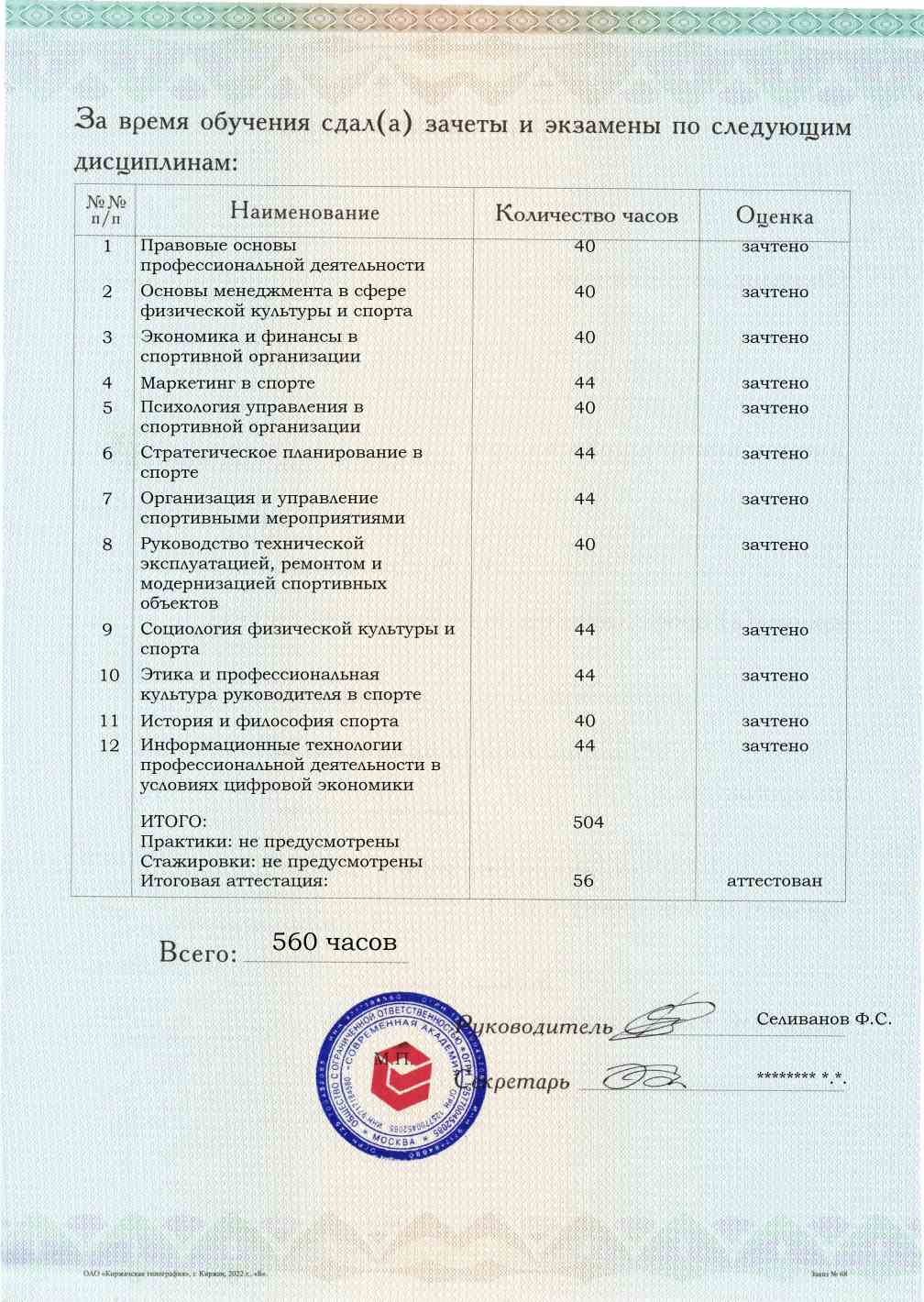 Образец приложения оборотная сторона (аттестационная работа) по программе Руководитель организации в области физической культуры и спорта
