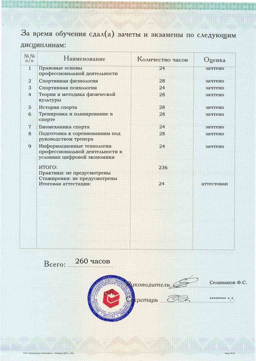 Образец приложения оборотная сторона (аттестационная работа) по программе Спортсмен