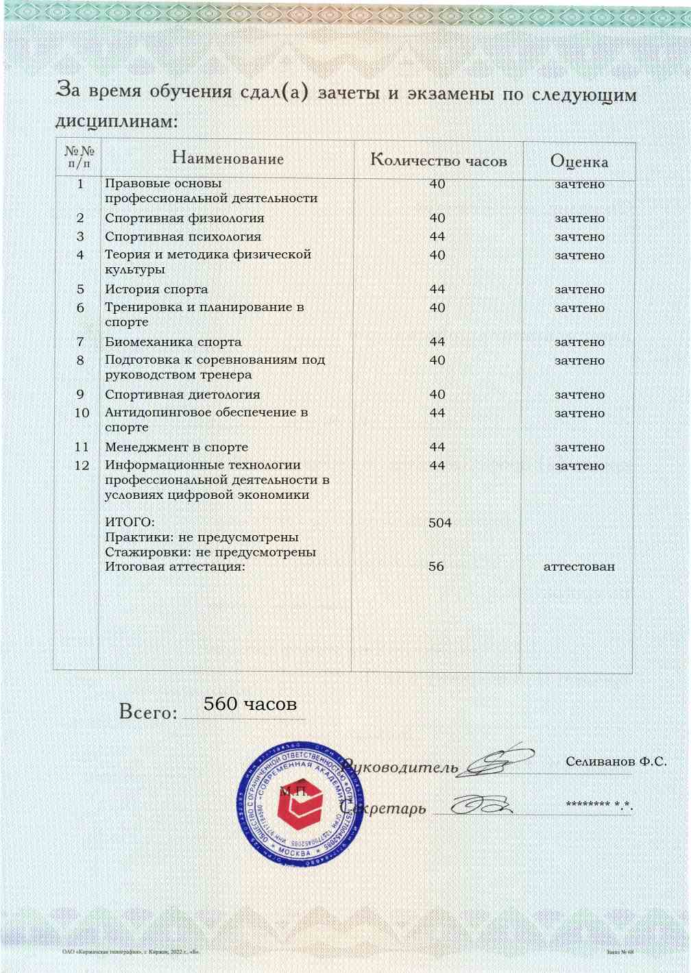 Образец приложения оборотная сторона (аттестационная работа) по программе Спортсмен