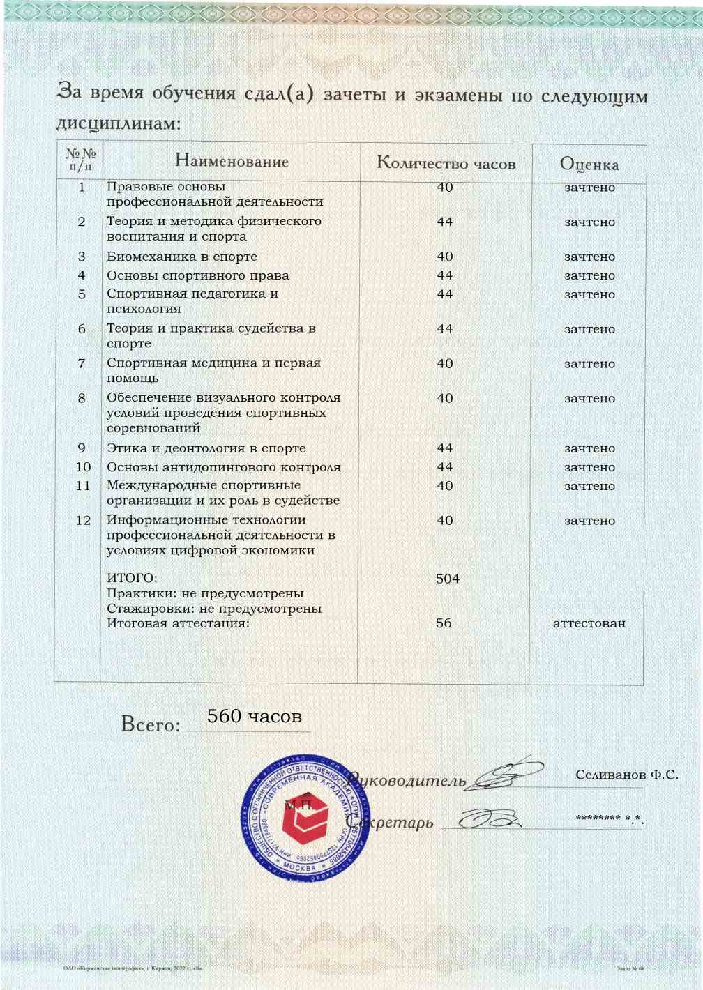 Образец приложения оборотная сторона (аттестационная работа) по программе Спортивный судья