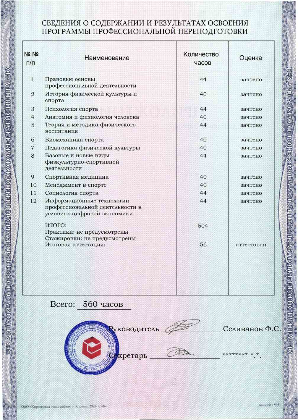 Образец приложения оборотная сторона (итоговое тестирование) по программе Физическая культура и спорт