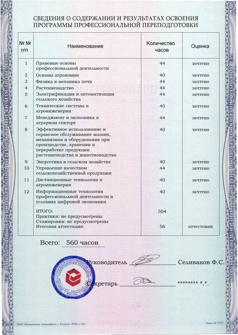 Образец приложения оборотная сторона (итоговое тестирование) по программе Агроинженерия