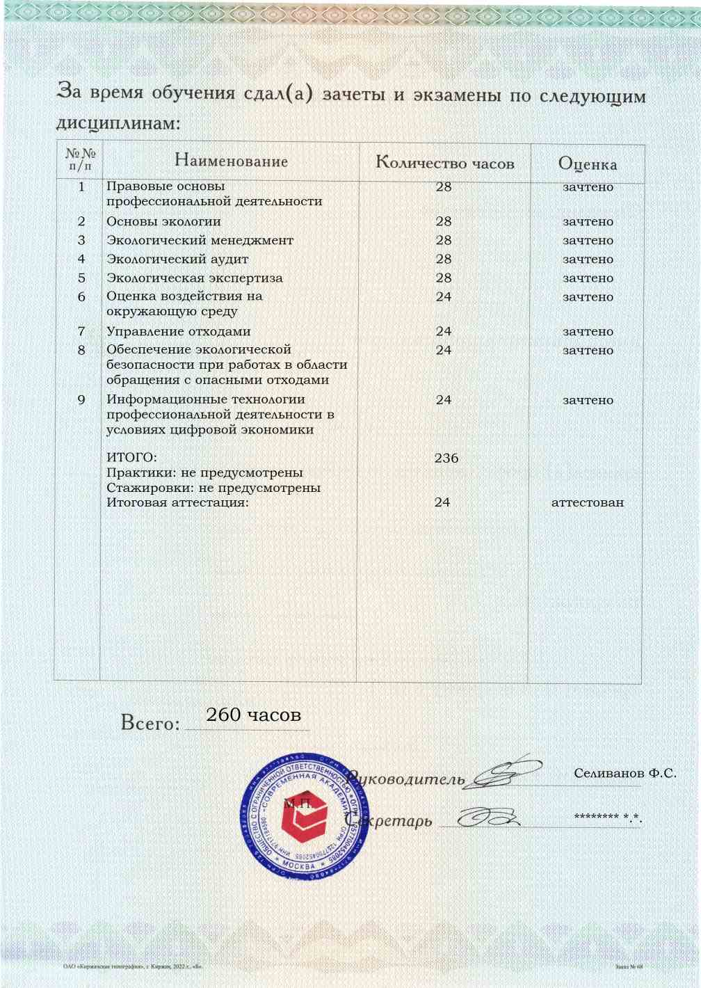 Приложение к диплому, оборотная сторона, выпускная работа, Экологическая безопасность