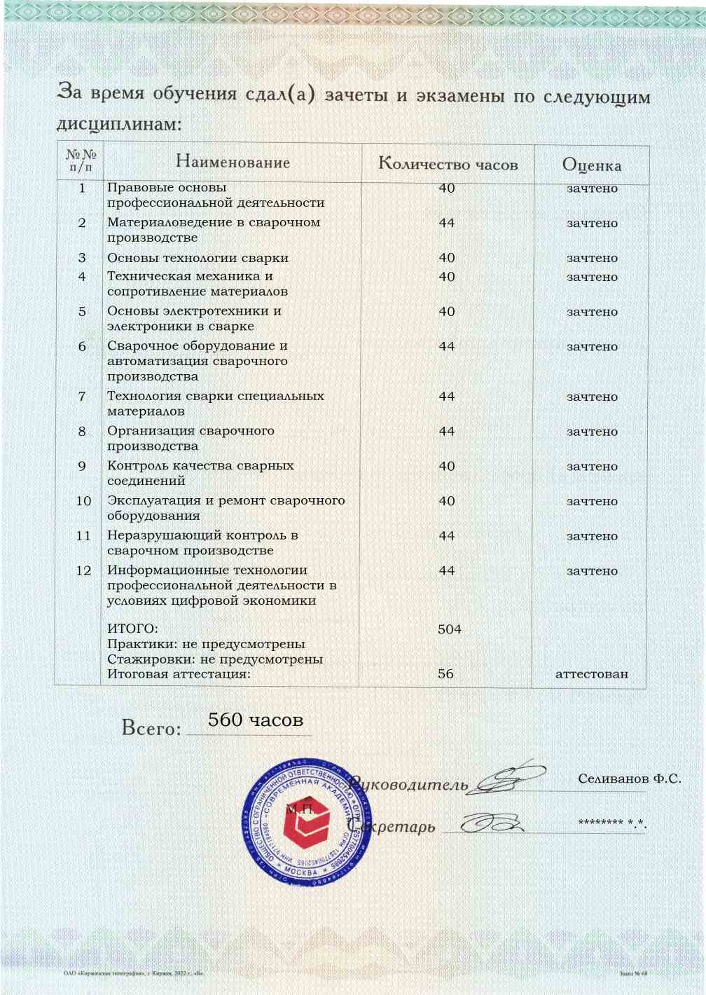 Образец приложения оборотная сторона (аттестационная работа) по программе Инженер по сварке (специалист сварочного производства)