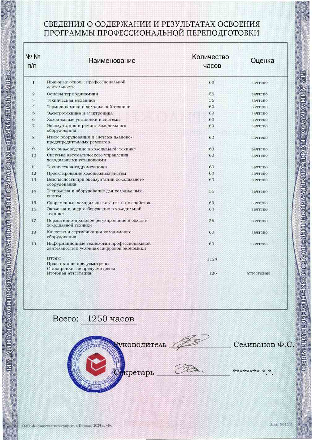 Образец приложения оборотная сторона (итоговое тестирование) по программе Эксплуатация и ремонт холодильного оборудования