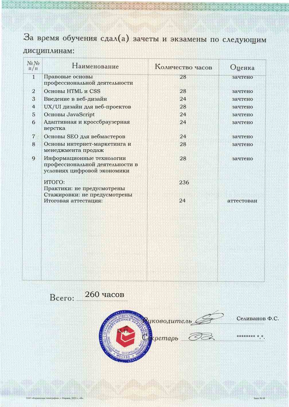 Образец приложения оборотная сторона (аттестационная работа) по программе Вебмастер