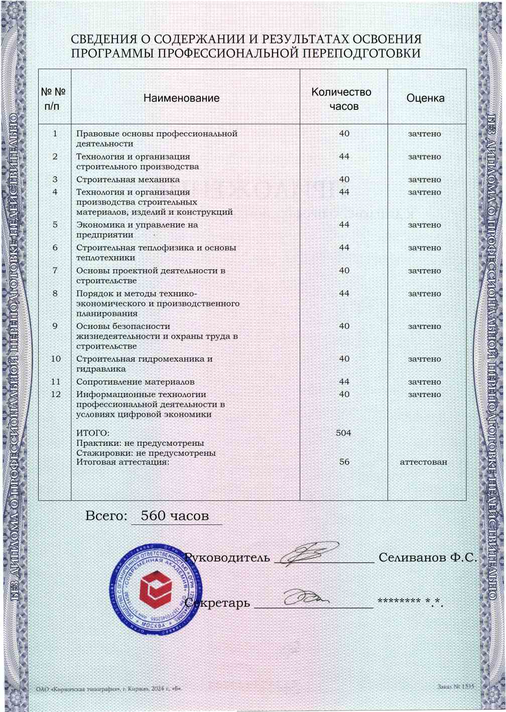 Образец приложения оборотная сторона (итоговое тестирование) по программе Инженер ПТО