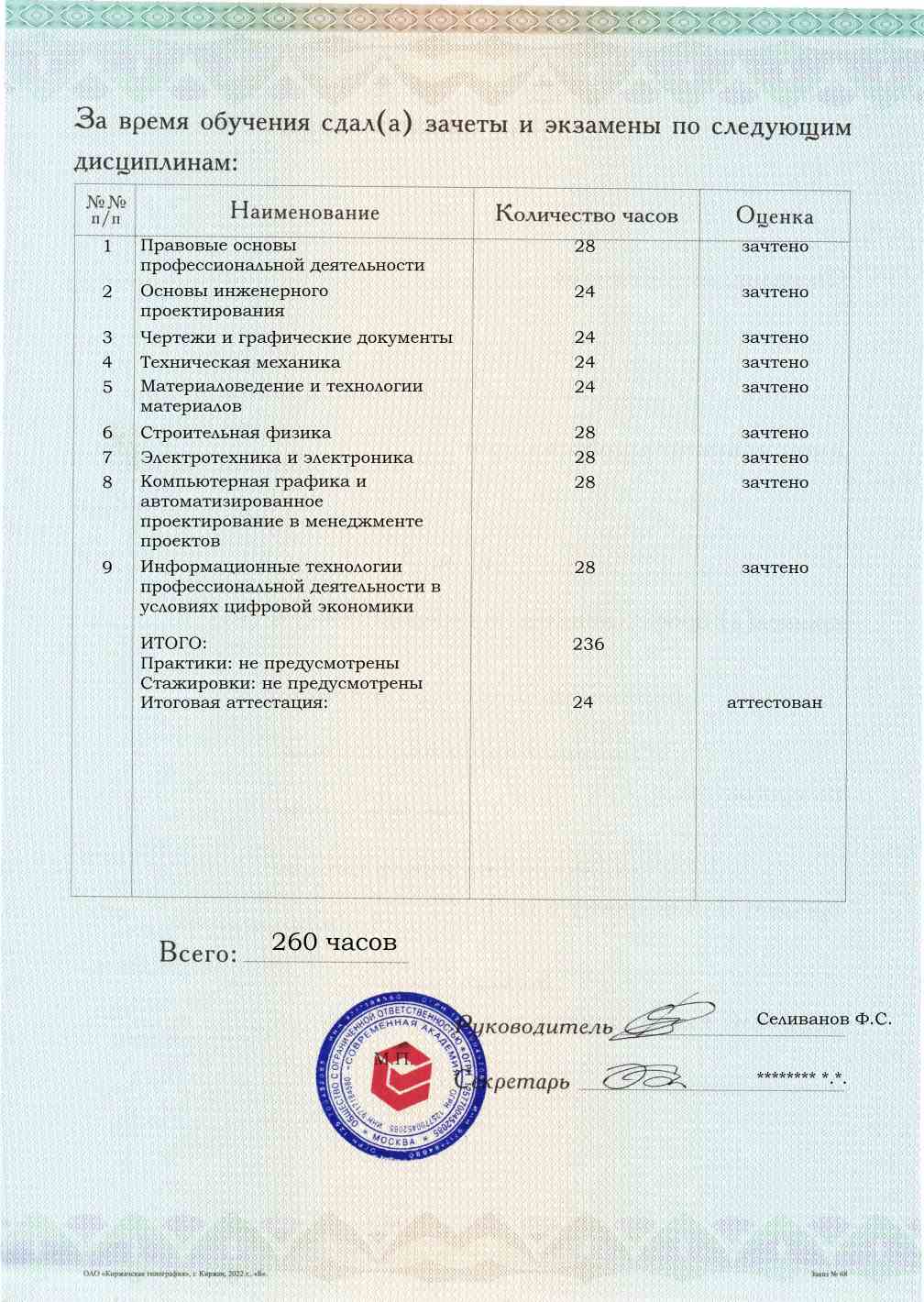 Образец приложения оборотная сторона (аттестационная работа) по программе Инженер-проектировщик
