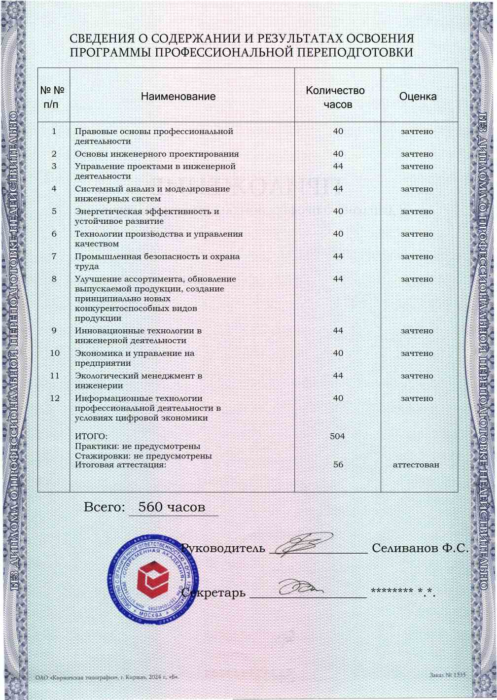 Образец приложения оборотная сторона (итоговое тестирование) по программе Главный инженер