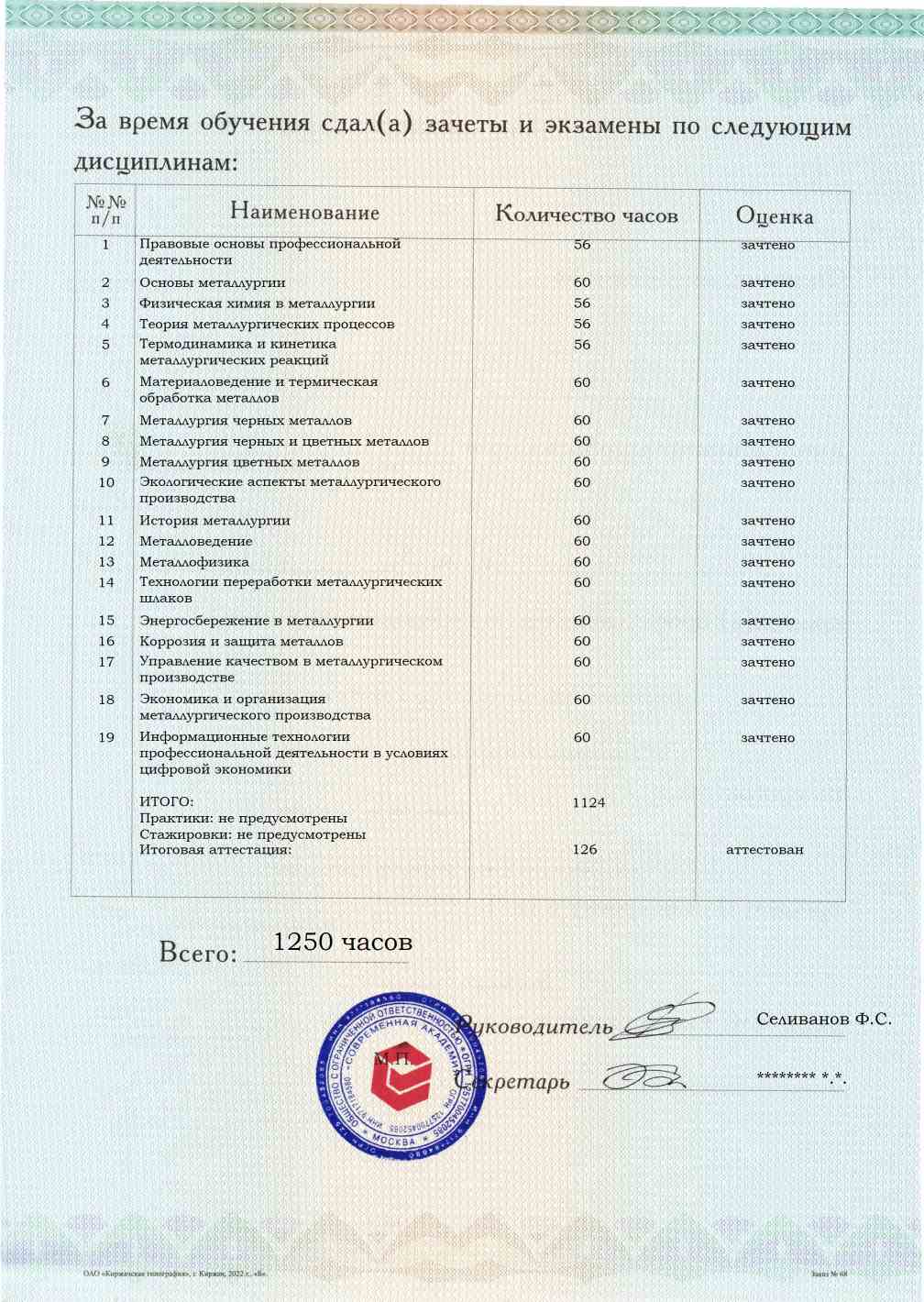 Образец приложения оборотная сторона (аттестационная работа) по программе Металлургия