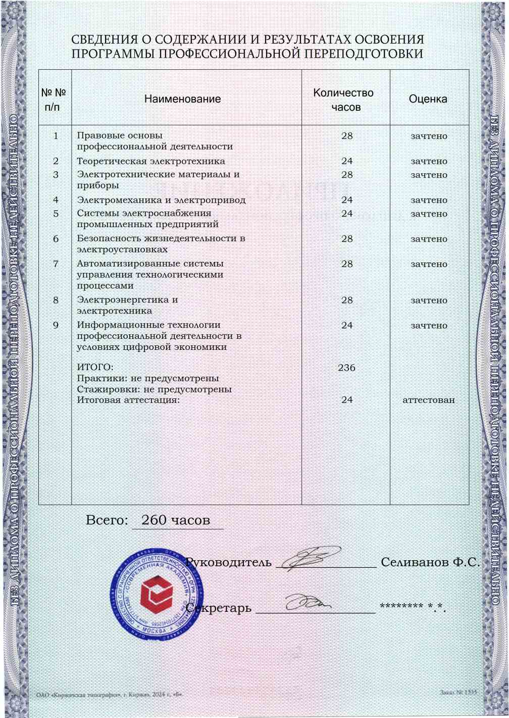 Образец приложения оборотная сторона (итоговое тестирование) по программе Инженер-электрик