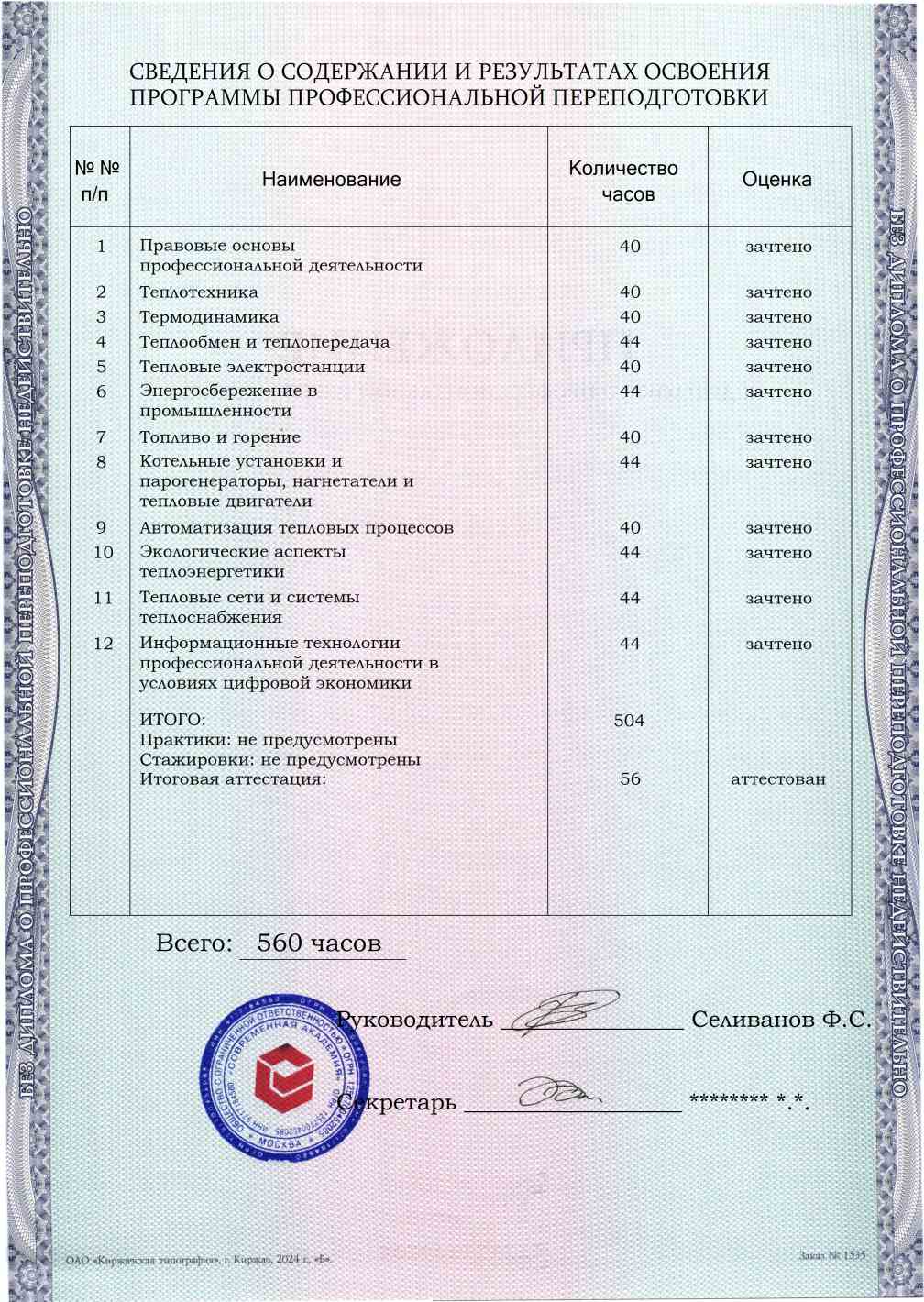 Образец приложения оборотная сторона (итоговое тестирование) по программе Промышленная теплоэнергетика