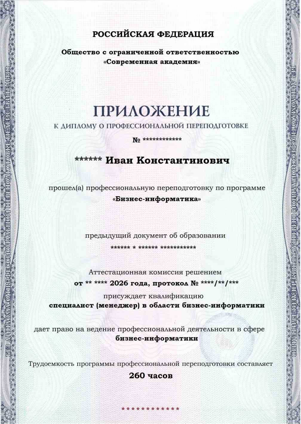 Образец приложения лицевая сторона (итоговое тестирование) по программе Бизнес-информатика