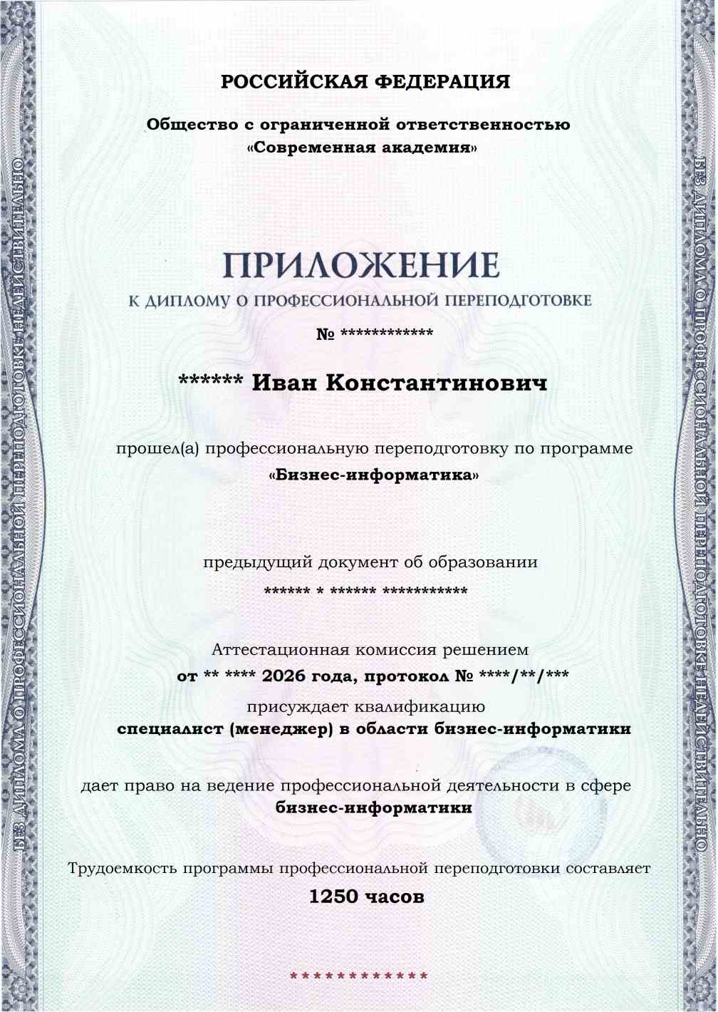 Образец приложения лицевая сторона (итоговое тестирование) по программе Бизнес-информатика