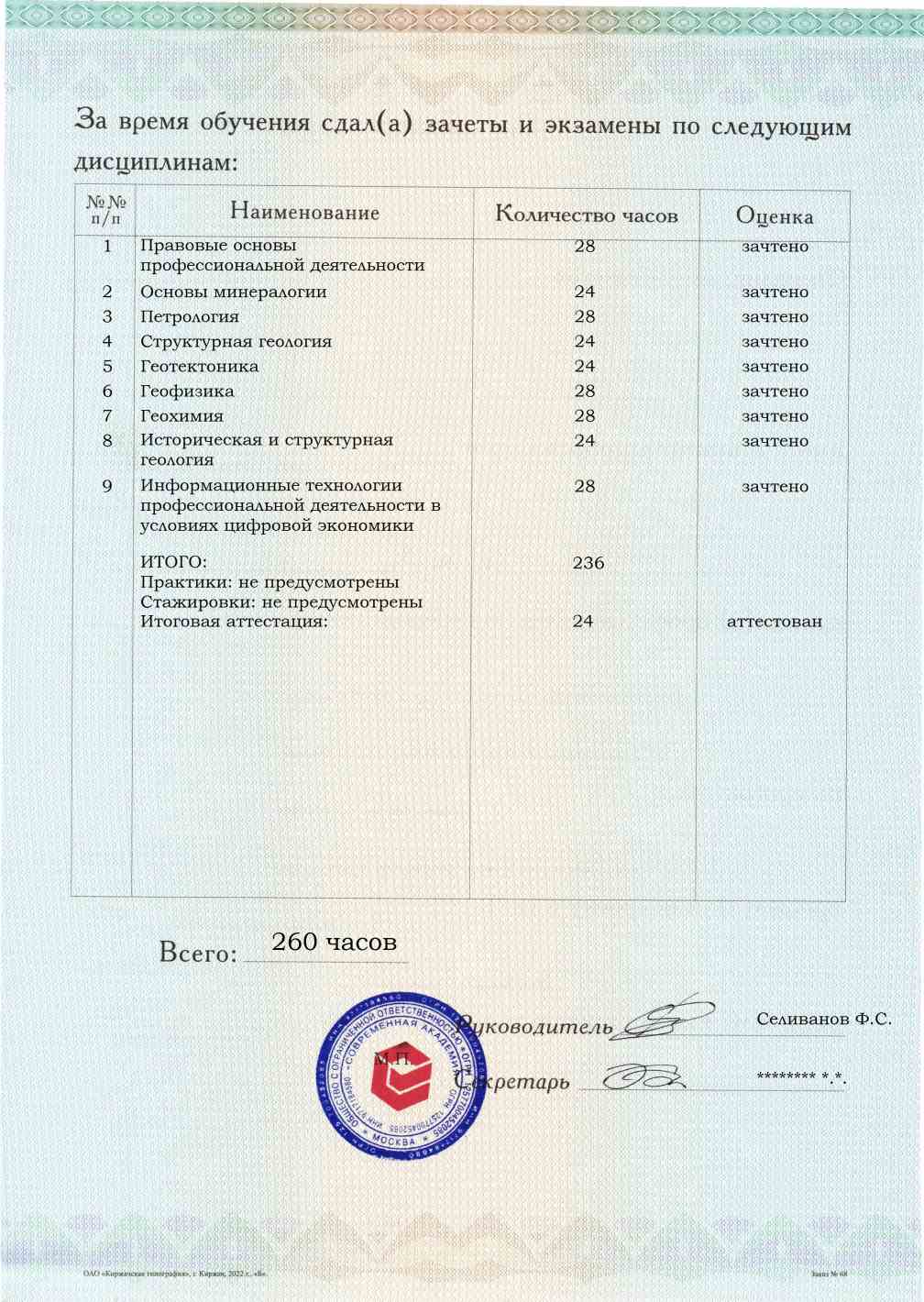 Приложение к диплому, оборотная сторона, выпускная работа, Общая геология