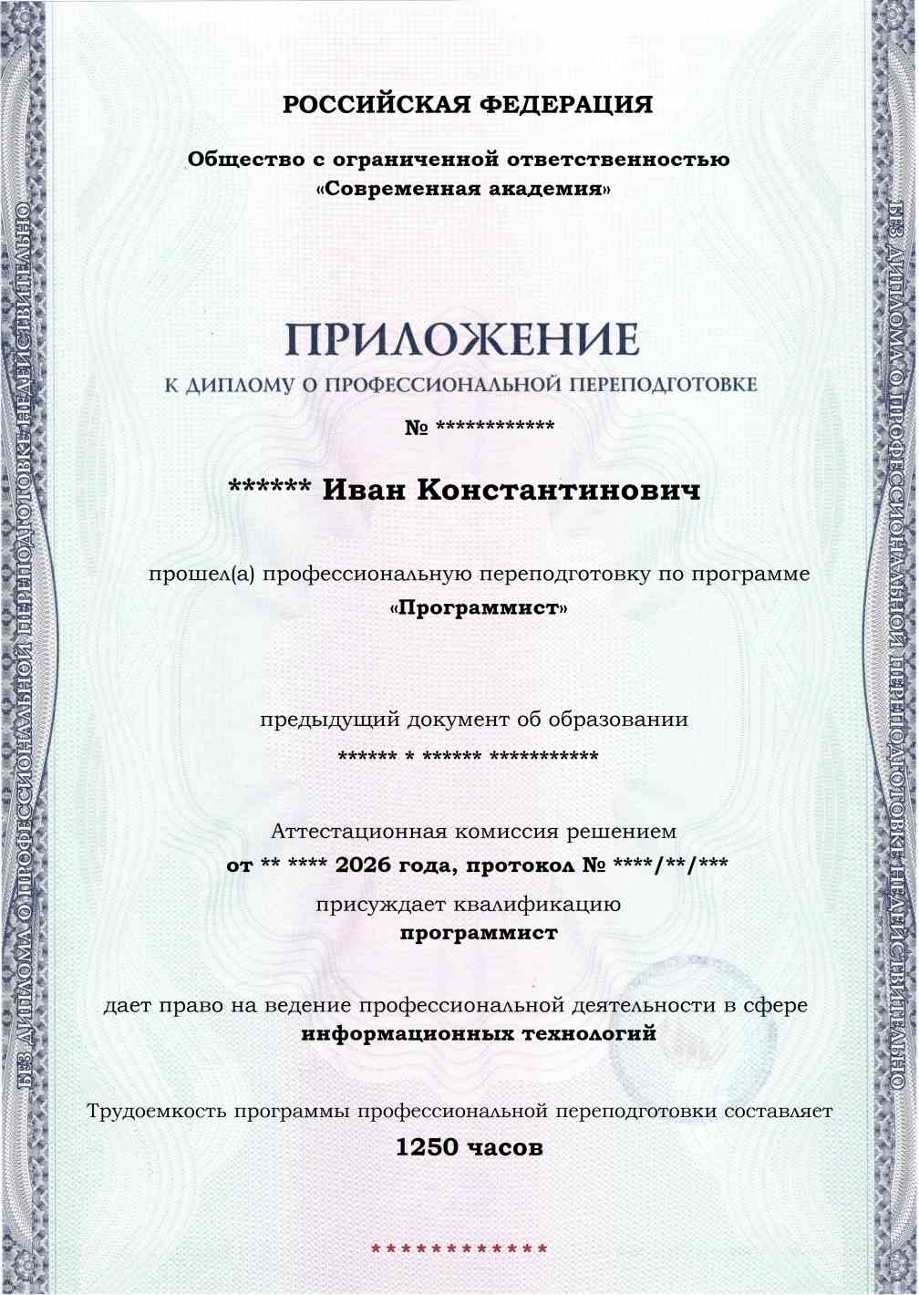 Образец приложения лицевая сторона (итоговое тестирование) по программе Программист