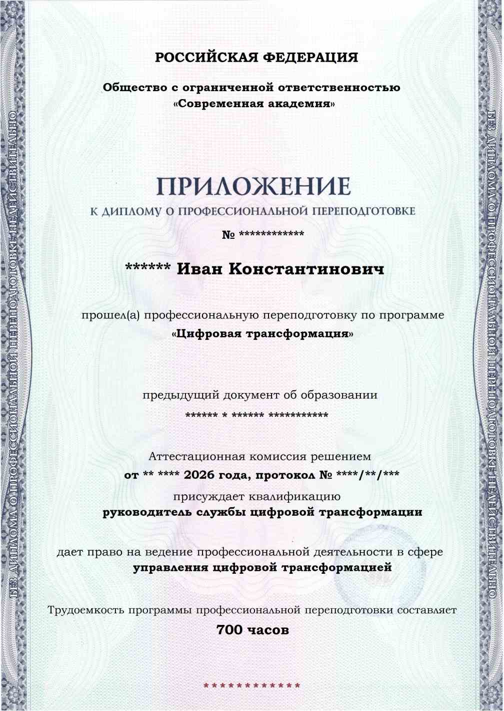 Образец приложения лицевая сторона (итоговое тестирование) по программе Цифровая трансформация