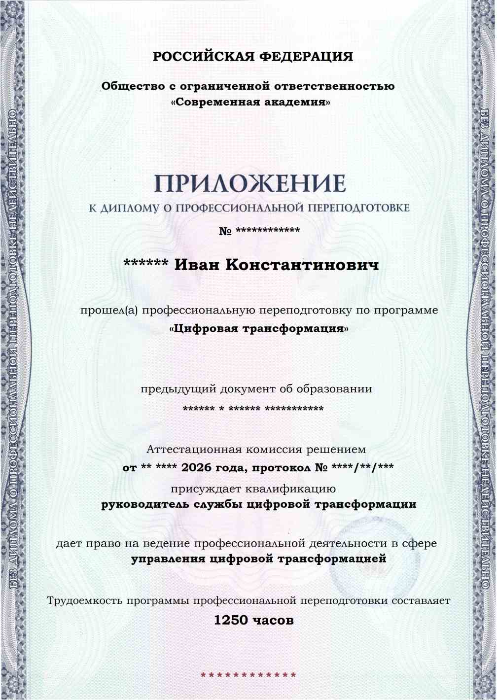 Образец приложения лицевая сторона (итоговое тестирование) по программе Цифровая трансформация
