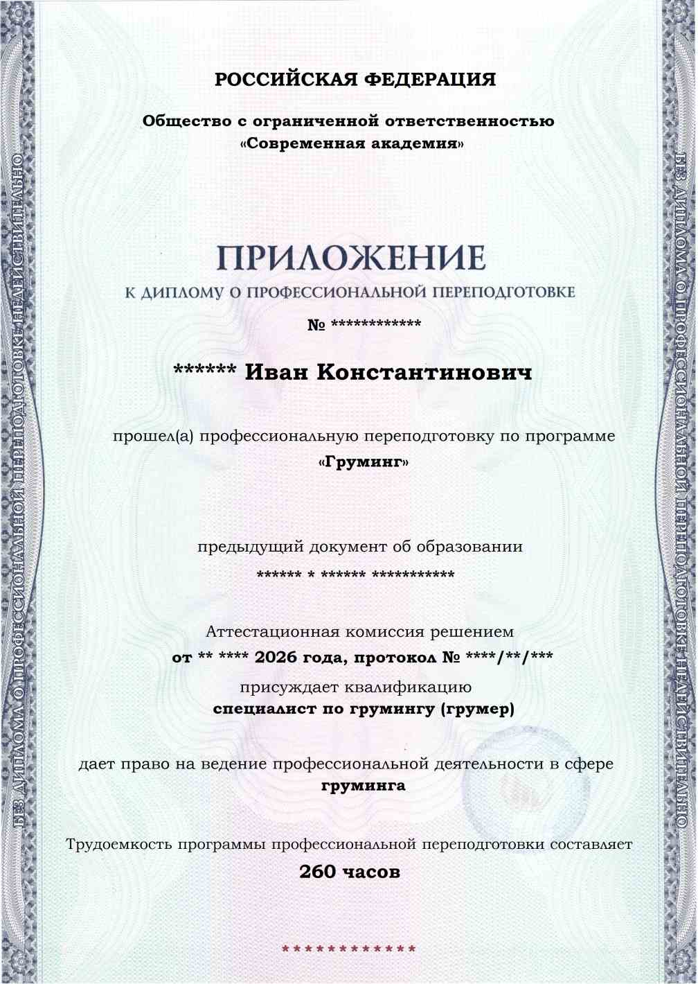 Образец приложения лицевая сторона (итоговое тестирование) по программе Груминг