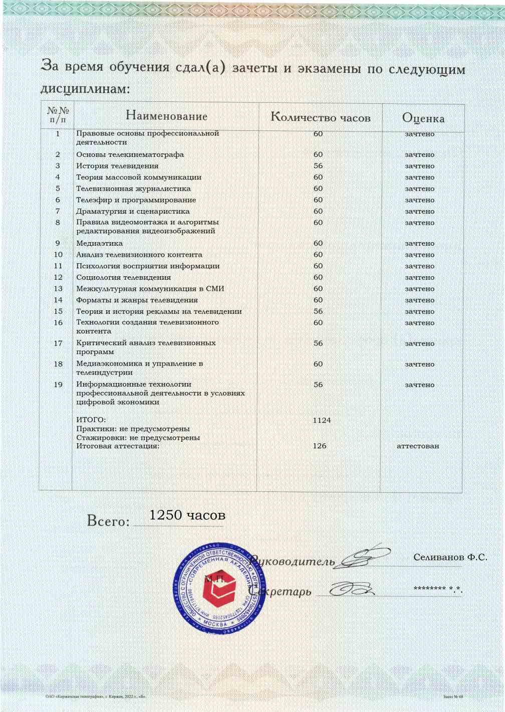 Образец приложения оборотная сторона (аттестационная работа) по программе Телевидение