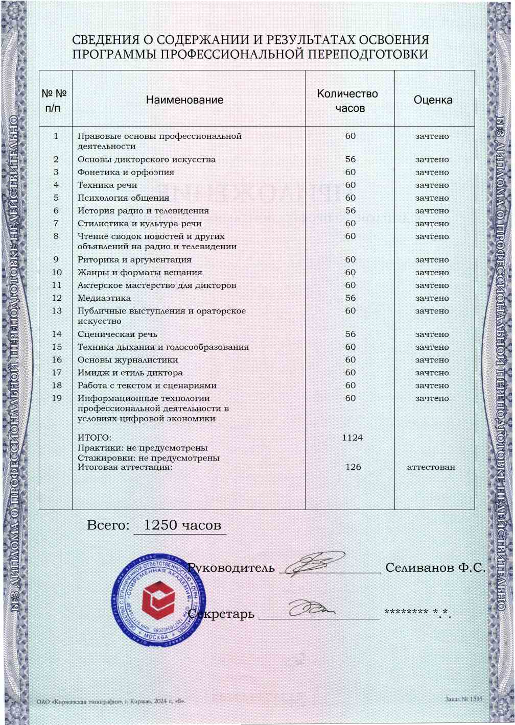 Образец приложения оборотная сторона (итоговое тестирование) по программе Диктор